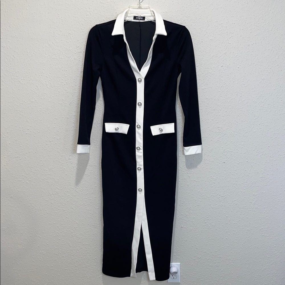 Elegant Black and White Button-Down Dress